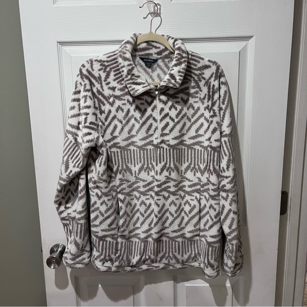 Eddie Bauer Cream and Taupe Patterned Fleece Quarter-Zip